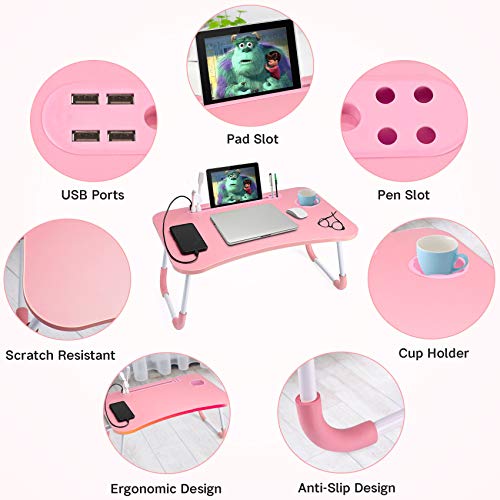 Slendor Lap Desk with Cup Holder, Foldable Laptop Table for Bed, Portable Bed Desk for Laptop and Writing, Computer Tray with Tablet Slot, Notebook Stand Reading Holder for Couch Sofa Floor,Pink - color: Pink