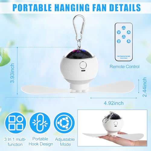 Aurelema 2 Sets Camping Fan with Star Projector 3 in 1 Rechargeable Ceiling Fan with LED Lantern Portable Tent Fans for Camping Hanging with Remote Control Outdoor Camping RV Essentials Indoor Decor
