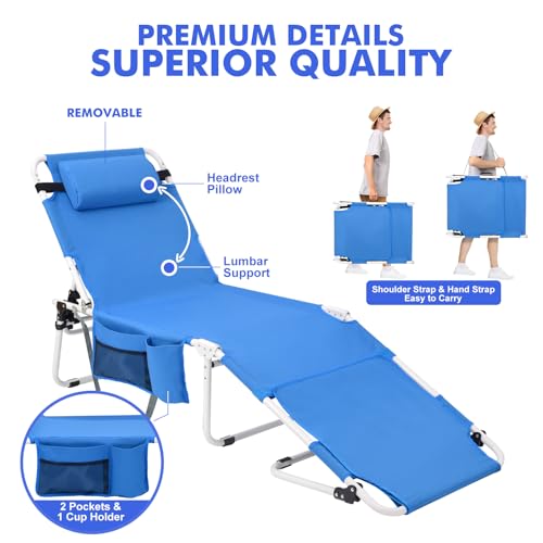 Oversized Extra Wide Tanning Chair with Sun Canopy Face Hole Padded Adjustable Washable, Heavy Duty Layout Folding Lounge Chair for Outside Beach Reading Sunbathing, UPF 50+, XL, Plus Size, 330 LBS - color: Royal Blue, size: Oversized