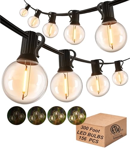 DAMAING Outdoor String Lights 300FT Waterproof Globe String Lights with 150+4 Shatterproof G40 LED Bulbs,Dimmable Connectable Patio Lights String for Hanging Bistro Backyard Gazebo,2-Pack x 150 FT - color: Black G40 Bulbs, size: 300 Feet