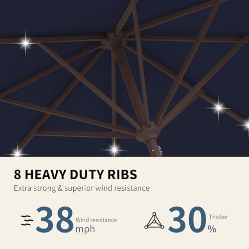 9FT Patio Umbrella with Solar Lights,Outdoor Market Umbrella with Tilt and Crank, LED Lighted Table Umbrella for Garden,Deck,Backyard,Pool,Beach (Navy) - color: Navy