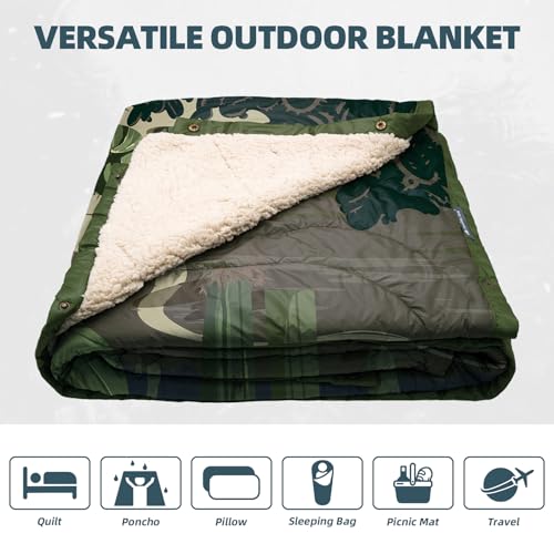 Outdoor Camping Blanket with Sherpa Lining, Extra Warm Thick Camp Blankets and Puffy Ultralight Soft Poncho DWR Camping Quilt for Cold Weather, Adventure, Sleeping, Backpacking 78"x 56" - color: Cactus Green, size: 78 x 56 inches