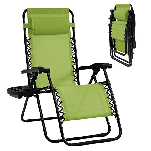 Goplus Zero Gravity Lounge Chairs, 160°Adjustable Folding Recliner w/Pillow and Cup Holder, 350LBS Comfy Outdoor Lounge Chairs for Patio, Lawn, Yard & Camp(1, Green) - color: Green, size: 35.4" x 25.2" x 43.3" (Set of 1)