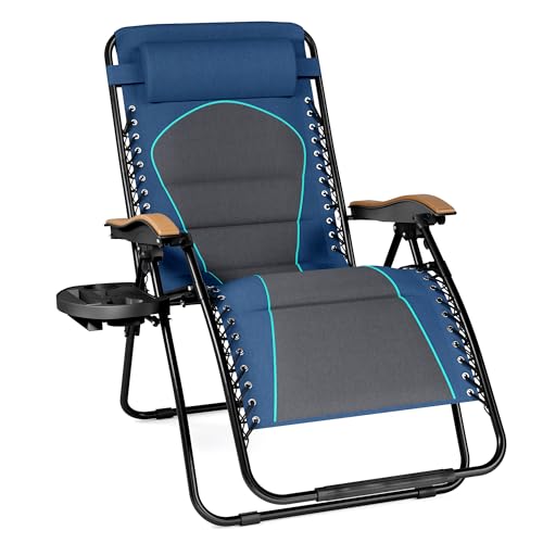 PHI VILLA XXL Oversized Padded Zero Gravity Chair, Foldable Patio Recliner, 30" Wide Seat Anti Gravity Lounger with Cup Holder, Support 400 LBS (Blue Accent) - color: Blue Accents, style: 1 Pcs