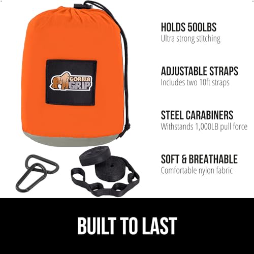 GORILLA GRIP Durable Camping Hammock with Heavy Duty Tree Straps, Portable Hammocks for Outside, Easy to Use Travel Swing Chair, Outdoor Camper Hiker Essentials, Backpacking Gear Gifts, Double, Orange - color: Orange/Grey, size: Double (10' x 6.5')