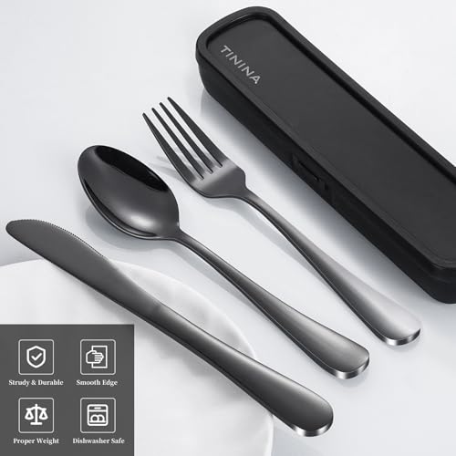 Travel Utensils with Case, 4-Piece Stainless Steel Portable Cutlery Set, Reinforced Case with Buckle Design, Lunch Box for Camping Work School, Include Fork Spoon Knife, Dishwasher Safe, Black - color: Black