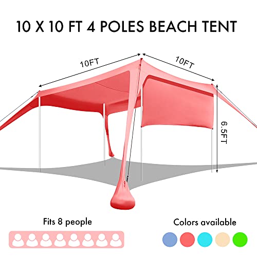 Beach Canopy Tent Shade with Sidewalls 10x10FT, 6.6FT Tall, UPF50+ Sun Shelter, Windproof & Water Resistant, Includes Guylines Sand Shovel Stability Poles, Easy Up for Beach Outdoor Camping Backyard - color: Orange