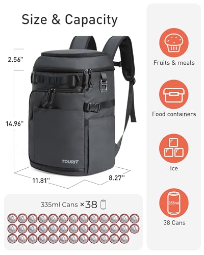 TOURIT 38 Cans Backpack Cooler: Leak Proof Waterproof 2 Insulated Compartments Soft Cooler Bag Beach Travel Camping Picnic, Sports Fan Coolers - color: Forest Green