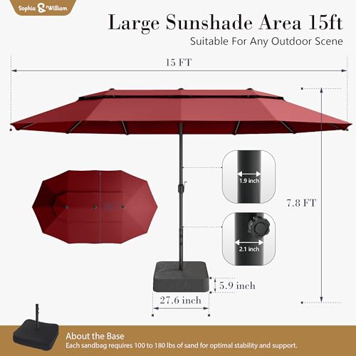 Sophia & William 15ft Extra Large Patio Umbrella with Base Included, 2-Tier Double-Sided Rectangle Outdoor Umbrella with Stand, Market Umbrella for Pool Garden Backyard, Red - color: Red 2-Tier