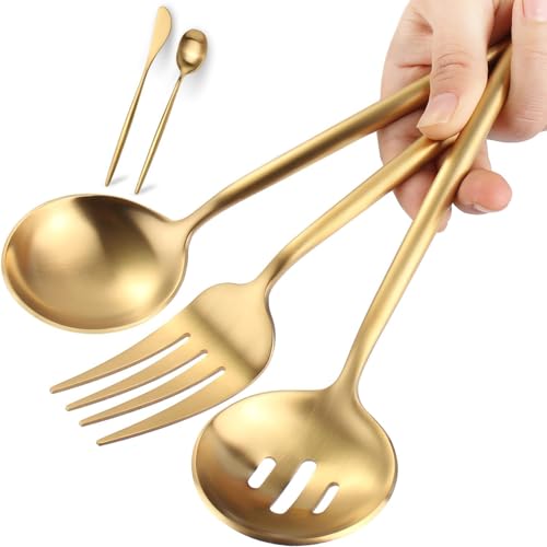 Gold Stainless Steel Serving Utensils Set, 5 Pcs - 10.8 Inch Serving Fork, 10.3 Inch Slotted Spoon, Sugar Spoon, Butter Knife for Buffet - color: Gold