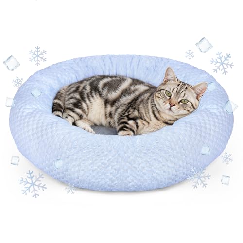 Small Donut Dog Bed - Cooling Calming Cuddler for Cats & Puppies, Anti-Anxiety Ice Fabric Round Pet Bed, Washable Comfort Dog Bed for Small Dogs, Egg Tart Design (S) - color: Blue Donut, size: Small