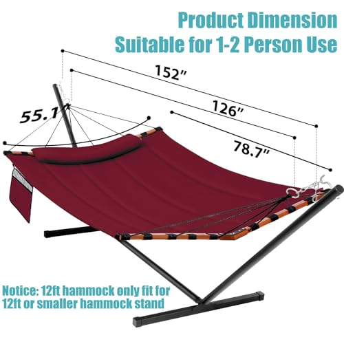 TegerDeger 12FT 2 Person Hammock with Stand Included 55 x 79IN Large Hammock 450LB Capacity with Hardwood Spreader Bar & Nylon Rope for Outside, Patio, Garden, Backyard, Beach - Deep Red - color: Red