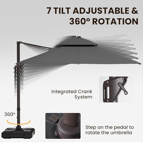 9 X 12 FT Cantilever Patio Umbrella with Led Lights Outdoor Heavy Duty Double Top Rectangle Offset Umbrellas with 360-degree Rotation for Pool Deck Backyard, Grey - color: Grey, size: 9' X12' Only Umbrella(LED)