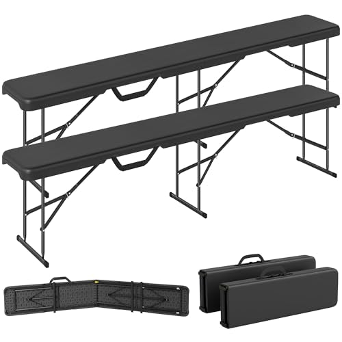 Outsunny 2-Pack 6 Ft. Plastic Folding Benches, Portable Foldable Bench Seats with Carrying Handle, Non-Slip Mat, HDPE Tabletop, Picnic Benches for Camping Dining Picnic BBQ Sports, Black - color: Black