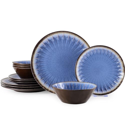 Melamine Dinnerware Sets 12 Pcs, Plates and Bowls Sets, Melamine Plates, Outdoor Dishes Sets, Unbreakable Dinnerware, Serving Dishes for Entertaining, Dishwasher Safe, BPA Free (Classic Blue) - color: Classic Blue