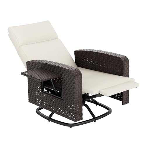 Outdoor Swivel Recliner Chair,Dual-Adjust Outdoor Patio Chair with Adjustable Backrest and Footrest,Wicker Patio Chair with Flip-Up Table for Living Rooms,Pools,Balconies, patios,courtyards
