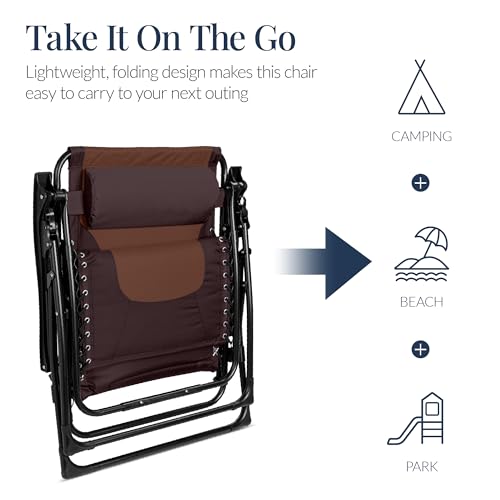 Best Choice Products Oversized Padded Zero Gravity Chair, Folding Outdoor Patio Recliner, XL Anti Gravity Lounger for Backyard w/Headrest, Cup Holder, Side Tray, Polyester Mesh - Espresso/Brown - color: Espresso/Caramel