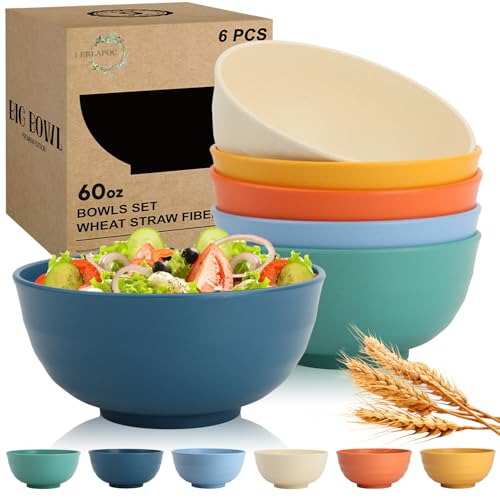 Wheat Straw Bowls 60 OZ, Unbreakable Large Salad Bowl Set of 6, Microwave and Dishwasher Safe Big Bowls for Kitchen, Camping, Picnic, RV, Serving Bowl Set for Ramen, Cereal, Soup - Multi - color: Multicolor, size: 60 Oz