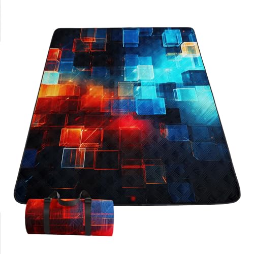 Outdoor Picnic Blanket Portable Ultrasonic Waterproof Picnic 3D Blocks Printed Camping Beach Mat for Sand and Wet Grass Hiking (3D Blocks L - color: 3d Blocks, size: Extra Long - 78"x78"