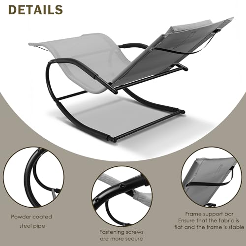 Zero Gravity Rocking Chair Lightweight Lounge Chair Recliner with Detachable Pillow Outdoor Chaise Lounge Chair for Patio, Lawn, Pool, Home Furniture, Grey