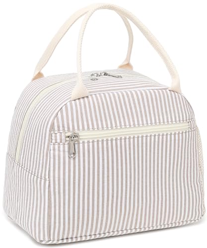 LEDAOU Lunch Box for Women Insulated Lunch Bag Corduroy Lunch Tote Bags Leakproof Cooler Lunch Case for Travel Work Picnic - color: Khaki stripes