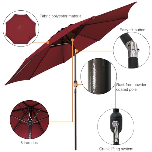 Blissun 9' Outdoor Patio Umbrella, Outdoor Table Umbrella, Yard Umbrella, Market Umbrella with 8 Sturdy Ribs, Push Button Tilt and Crank - color: Burgundy