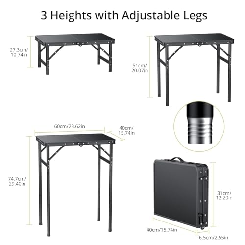 Anbte 2ft Folding Camping Table Max 29.5", 3 Adjustable Height Aluminum Small Folding Table with Storage Net & Portable Handle, Lightweight, for Travel Outdoor Beach Picnic Camp, 23.2" x 16", Black - size: 24"l X 16"w X 29.5h"