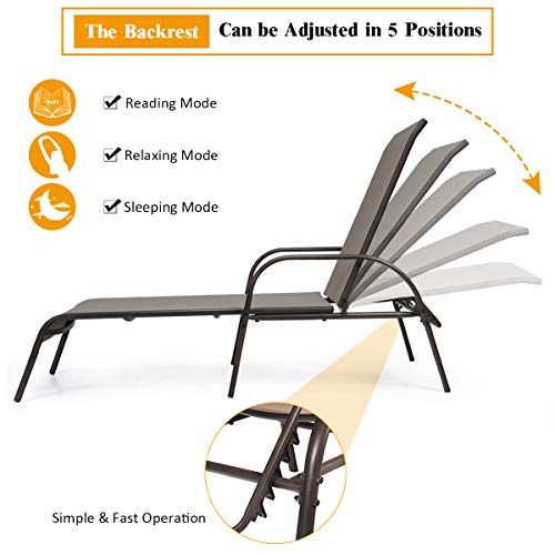 Tangkula Lounge Chair Outdoor, Patio Chaise Lounge with Adjustable Backrest, Reclining Pool Lounge Chair for Outside with Heavy Duty Steel Frame, Suitable for Beach, Yard, Balcony, Poolside - color: Brown
