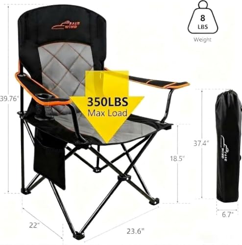 FAIR WIND 2 Pack Fully Padded Camping Chair 350LBS Capacity Heavy Duty Portable Chair with Cup Holder &Side Pocket Lawn Chair for Outside, Tailgating,Beach, Sports - color: Black, size: Twin Pack