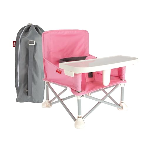Nuby Pop-Up Booster Seat with Removable Tray - 6+ Months - Portable Booster Seat for Floor for Indoor/Outdoor Use - 3-Point Safety Adjustable Straps - Summer Travel Essentials - Pink - color: Pink