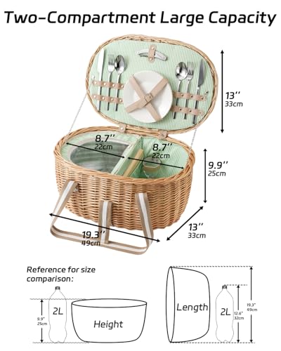 Picnic Basket for 2, Extra Large Wicker Picnic Basket Insulated, Handwoven Vintage Willow Picnic Set, 2 partitions, 8.4 Gal, Portable Camping, Outdoor, Couples Wedding Gifts, Date, Natural - size: Oval with Tableware