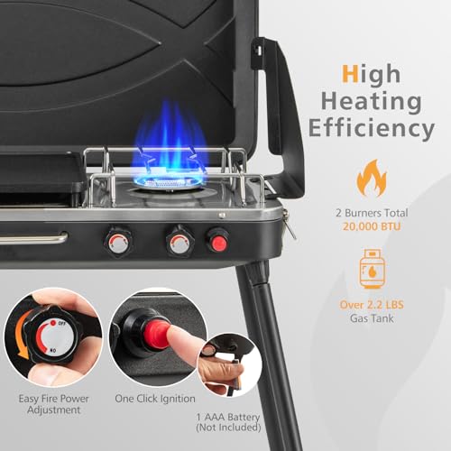 Giantex Portable Propane Grill & Camping Stove, 20,000 BTU Gas Camping Grill Burner, Independent Temperature Control, 3-Sided Wind Guard, Detachable Legs, for BBQ, Tailgating, Outdoor Cooking (Black) - color: Black