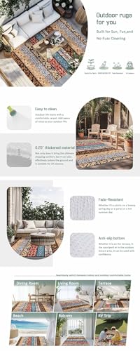 Outdoor Rug 5x8ft, Boho Stripes Ethnic Style Indoor Area Rug for Patio Backyard Deck Large Floor Mat, Retro Abstract Totem Non-Slip Outside Carpet Balcony Porch Camping Rugs Picnic Mat - size: 5' x 8' (Rectangular)