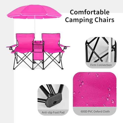 Goplus Double Camping Chair with Umbrella, Folding Loveseat Chairs w/Canopy Shade, Carrying Bag, Table, Cup Holder, Portable Beach Chairs Outdoor Picnic Patio (Pink) - color: Pink