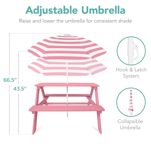Best Choice Products Wooden Kids Picnic Table with Umbrella, Outdoor Activity Table Set with Built-in Benches, 220 lb Capacity per Bench - Pink - color: Pink