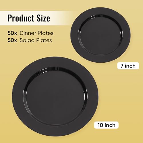 Fijinhom 100PCS Black Disposable Plates for 50 Guests Including 50PCS 10" Dinner Plates & 50PCS 7" Dessert Plates, Black - color: Black, size: 50 Guests-100pcs