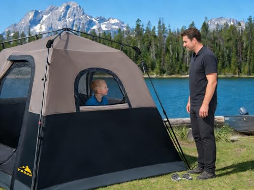 3/4 Person Camping Tent with 1 Door, 4 Windows, and Upgraded Ventilation– Instant Setup, Waterproof, 8'x 8'x 67''Oxford Fabric Floor Pop Up in 60 Seconds Includes Rainfly and Backpack - color: 4 Person Black/2-Layer