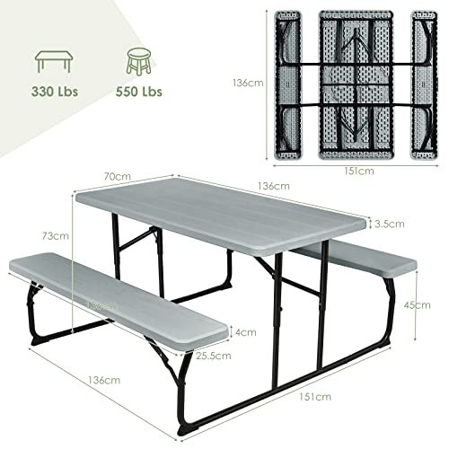 S AFSTAR Folding Picnic Table Bench Set, Foldable Picnic Table with 2 Benches, Outdoor Table and Bench W/Steel Frame & Wood-Like Texture Tabletop, Camping Table Chair Set for Garden Patio Lawn (Gray) - color: Grey