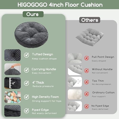 HIGOGOGO Floor Pillow Cushion for Adults, Meditation Cushion Pillow, Large Round Floor Sitting, Removable Tufted Corduroy Cover, for Tatami Living Room or Yoga, 22x22 Inch, Dark Grey - color: Round Dark Grey, size: 4" Thick(Pack of 1)
