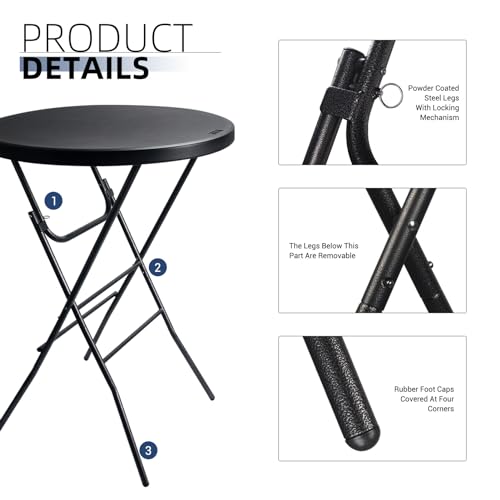 Byliable 32in Cocktail Table Black High Top Folding, Portable Bar Height Folding Table Round with Removable Carbon Black Legs, Indoor Outdoor Banquet for Parties, Commercial, Speech - color: Black, size: 32×43 in