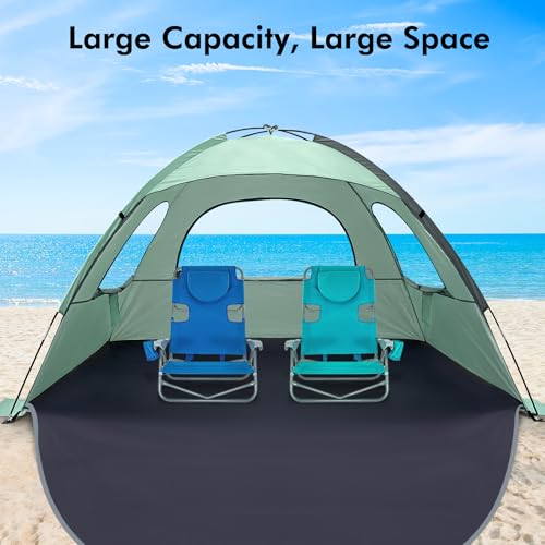 WhiteFang Beach Tent Anti-UV Portable Sun Shade Shelter for 3/4/6/8 Person, Extendable Floor with 3 Ventilating Mesh Windows Plus Carrying Bag, Stakes and Guy Lines - color: Mint Green, size: 4 Person