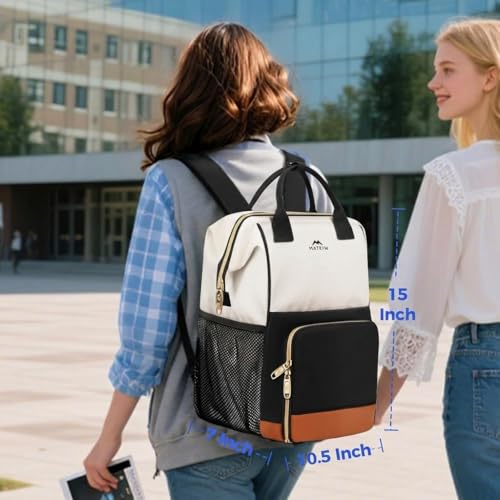 MATEIN Insulated Lunch Backpack for Women, 15.6 Inch Work Laptop Backpack with Lunch Compartment, Water-Resistant College Computer Backpacks Meal Prep Lunch Bag Gifts for Nurse Teacher Office Picnic - color: Black White Brown, size: 15.6inch