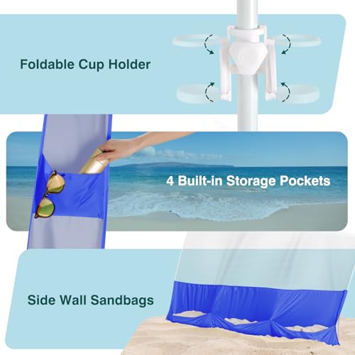 Rhino Valley Beach Cabana, 8 * 8FT Beach Tent UPF50+ Protection, Easy Setup Beach Canopy Wind Resistant with Cup Holder, Compact Beach Shade Foldable Beach Tent Sun Shelter,Dark Blue - color: Dark Blue