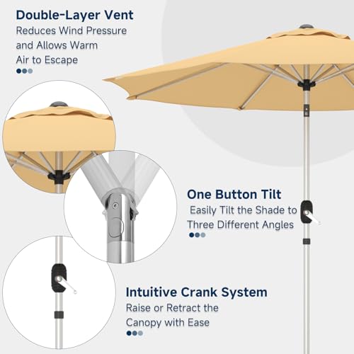 9FT Aluminum Outdoor Patio Umbrella, Fade-Resistant Market Umbrella with Push Button Tilt Function, 8 Sturdy All-Aluminum Ribs for Gardens, Patios, Backyards & Pools - color: Beige, size: 9FT-1Tier (Aluminum Umbrella)
