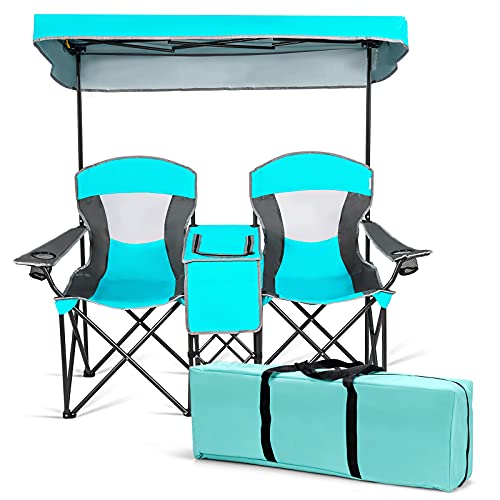 DORTALA Double Camping Chair with Canopy, 2 Person Folding Beach Chair with Canopy Shade, Table Beverage Holder and Storage Bag, Double Rocker Chair Outdoor for Camping, Beach, Picnic, Turquoise - color: Turquoise