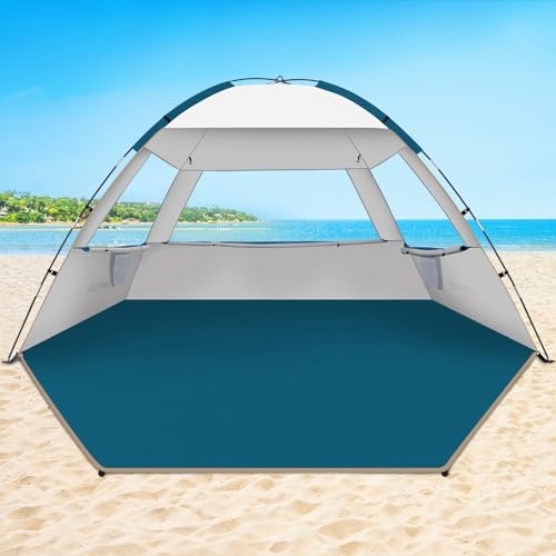 COMMOUDS Beach Tent Sun Shade for 3/4/6/8 Person, UPF 50+ Beach Sun Shelter Canopy Tent, Lightweight, Easy Set Up and Carry - color: Silver, size: 4 Person