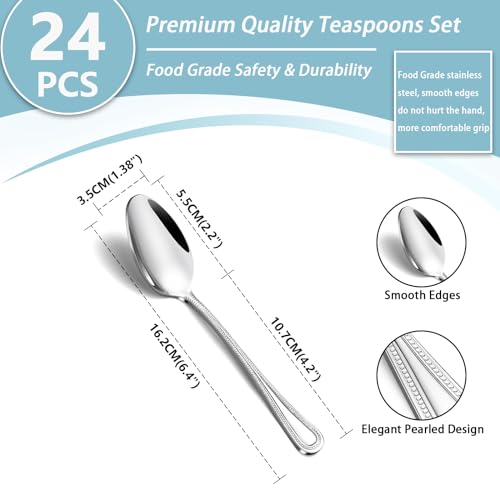 24 Pieces Teaspoons Set, 6.4 Inches Spoon Set, Stainless Steel Silverware, Small Spoons with Pearl Dot Design Handle, Dishwasher Safe, Tea Spoons Suitable for Home and Restaurant - color: Sterling