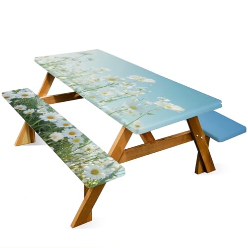 ANNA QUEEN Blue Daisy 6FT Picnic Table Cover Set, 3PCS 72"x30" Floral Tablecloth and Bench Covers, Waterproof Camping Spring Wedding & Garden Party Decor - color: #8