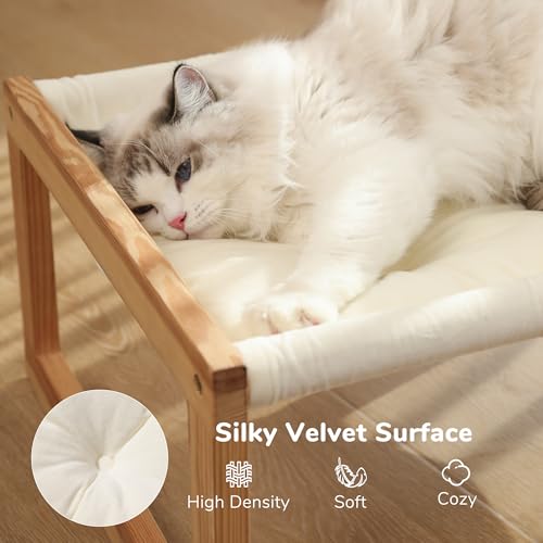 FUKUMARU Cat Bed Hammock, Cozy Velvet Cat Couch for Indoor Cats, Raised Wooden Cats Perch, 21 Inch Pet Sofa, Outdoor Dog Beds, Suitable for Puppy, Bunny and Small Animal, White - color: White