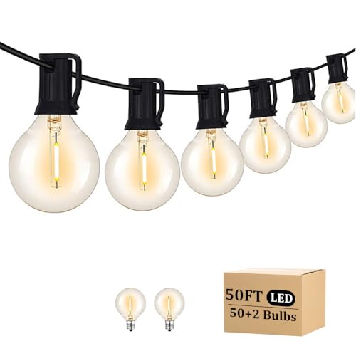 Outdoor String Light 50FT Patio Black with 52 Shatterproof G40 LED Clear Globe Bulbs for Indoor/Outdoor, Connectable Hanging Lights for Backyard Balcony Party Decor - size: 50FT/52Led Bulbs